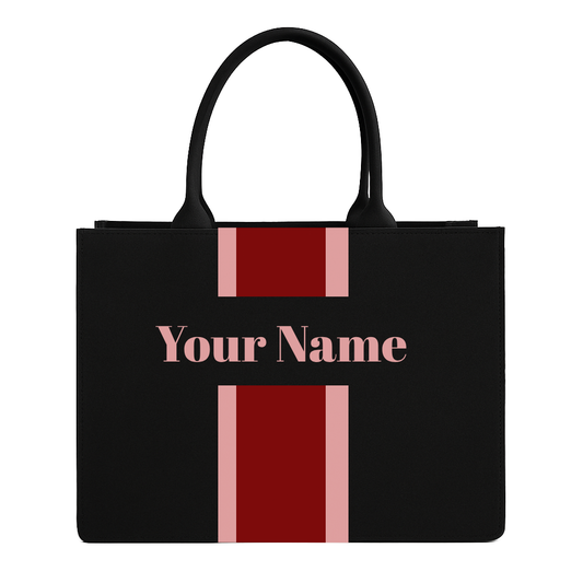 Personalized Tote Bag with Name – Custom Black Canvas Handbag with Stripes