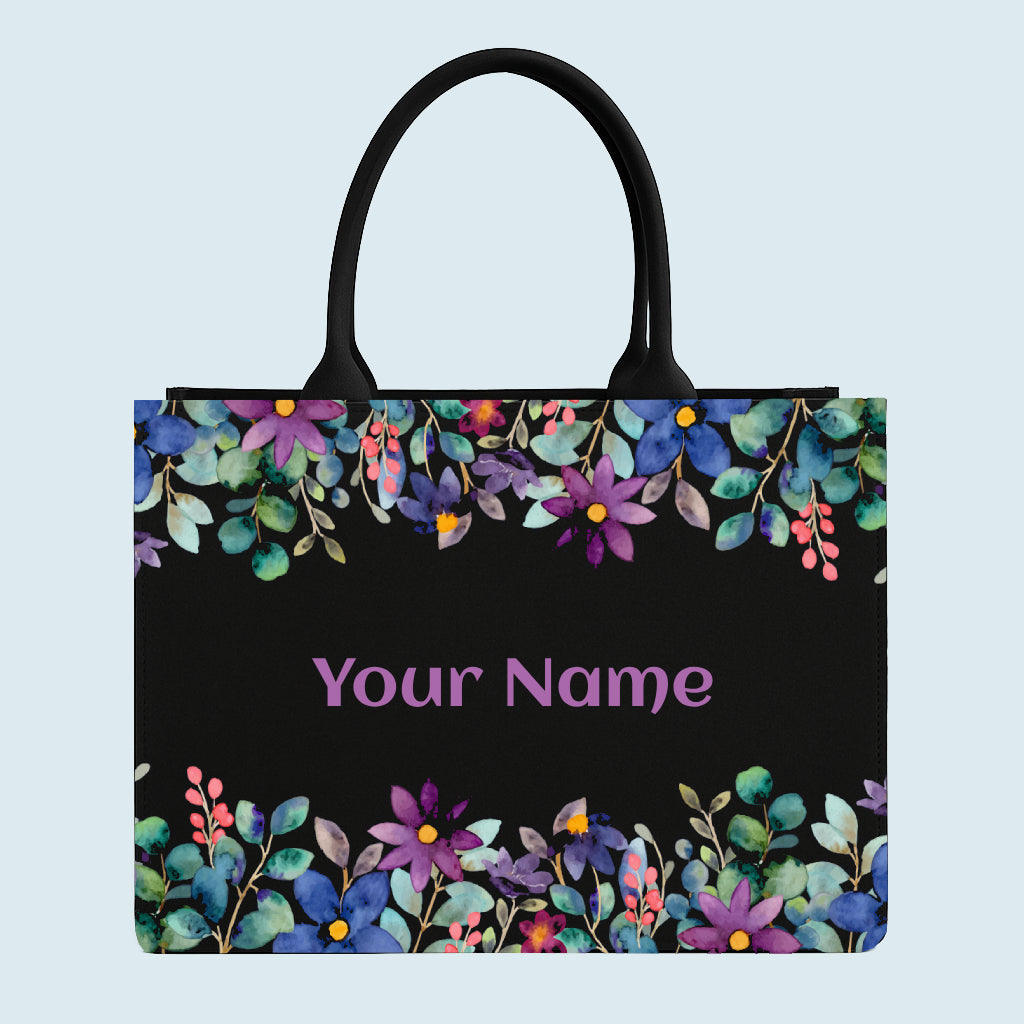 Nixa Style – Midnight Blossom Customised Tote Bag (Personalised Floral Black Tote)