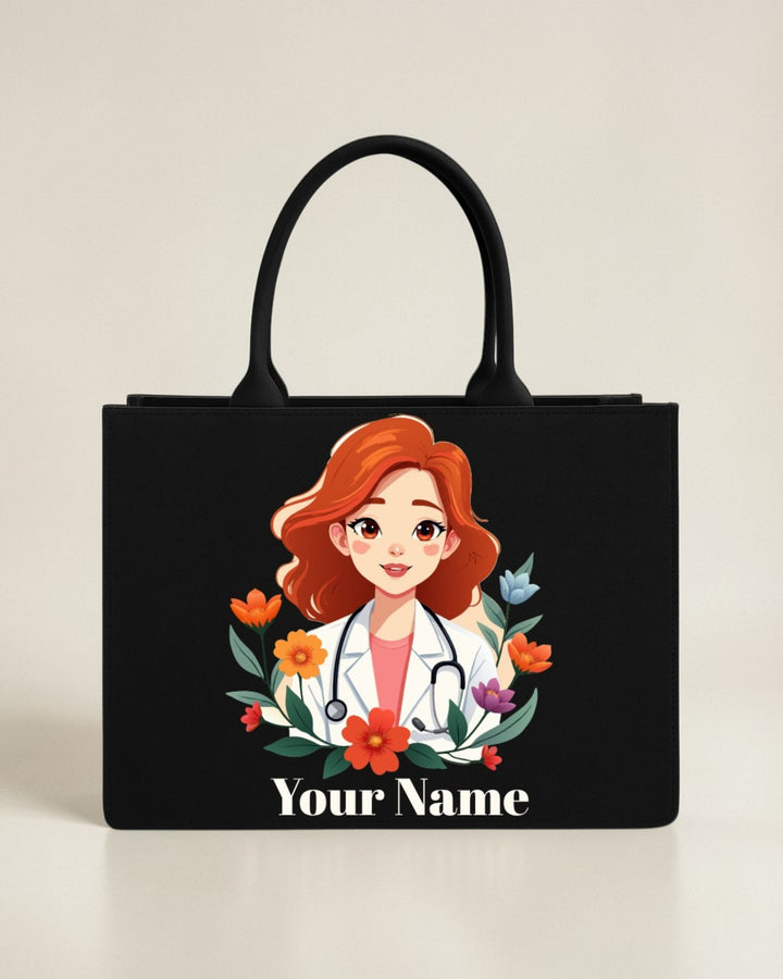 Personalised Doctor Tote Bag for Women | Custom Name Medical Tote | Gift for Doctors, Nurses & Medical Students | Premium Black Handbag