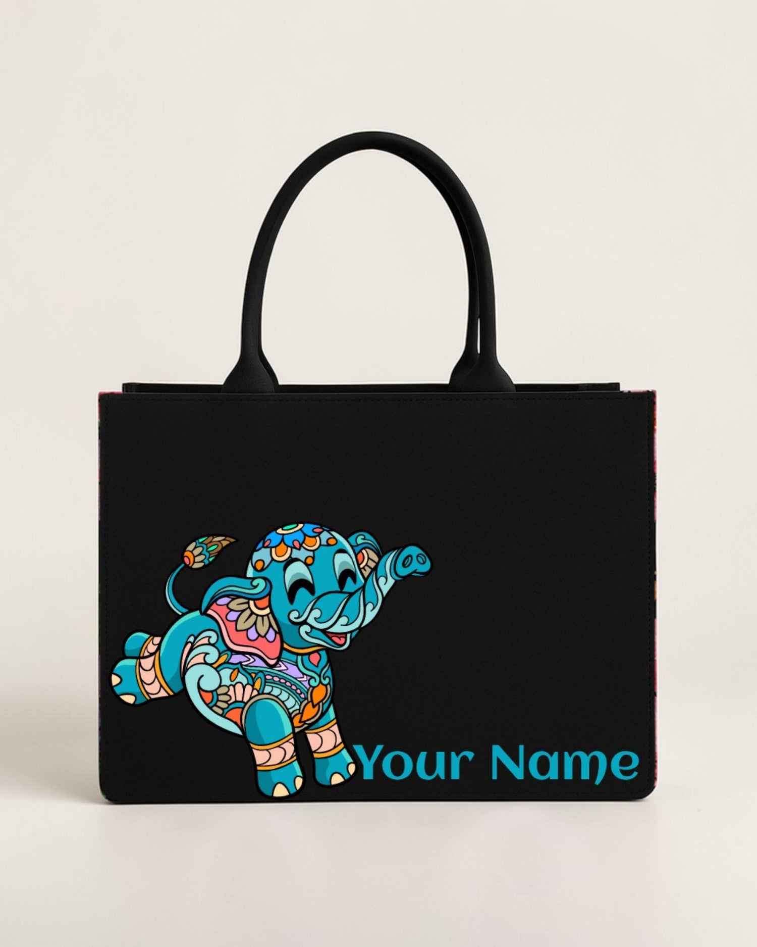 Personalised Elephant Art Tote Bag with Name | Custom Canvas Tote Bag for Women | Stylish Designer Office & Travel Bag