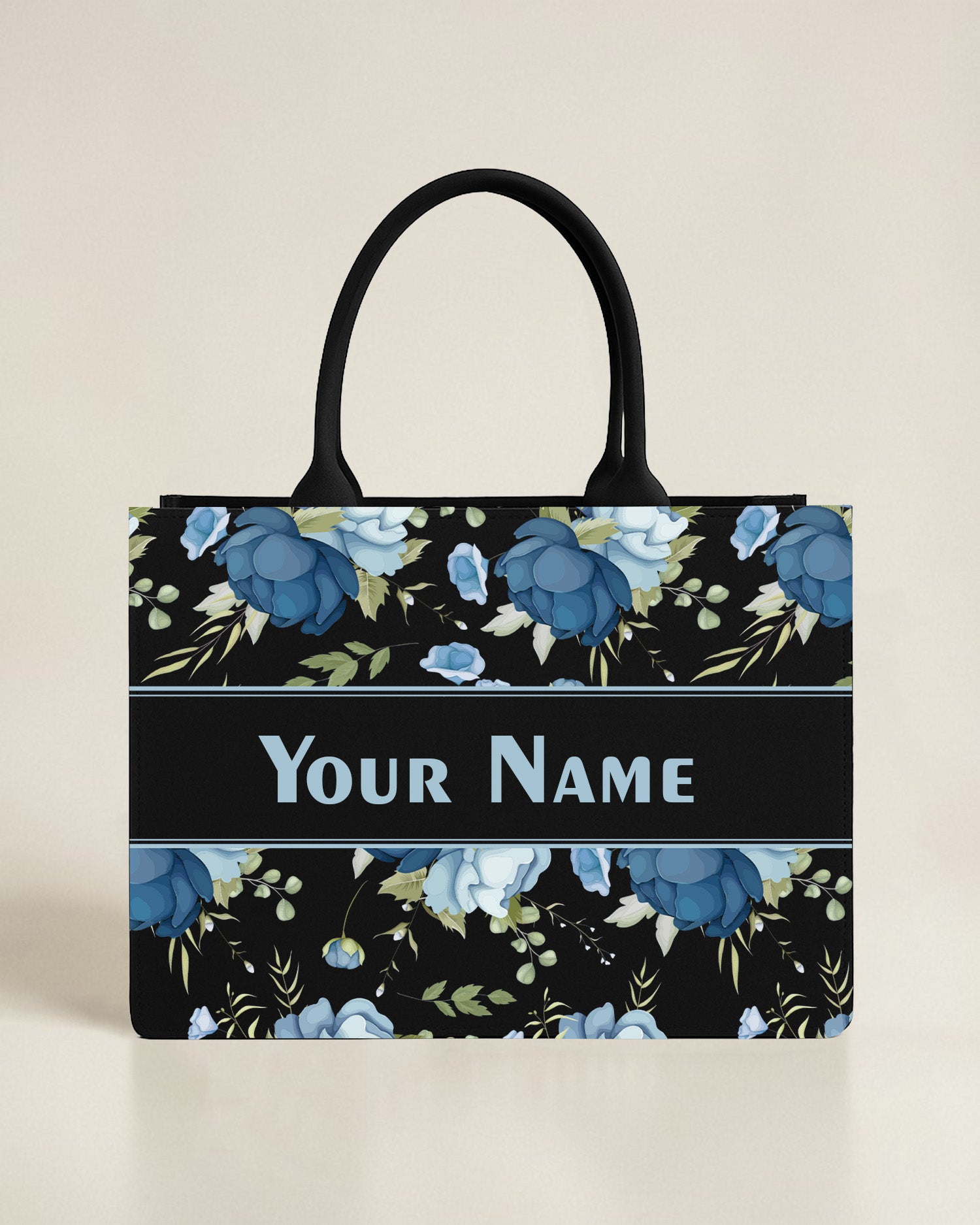 Personalised Blue Floral Tote Bag with Name | Elegant Flower Canvas Handbag for Women | Custom Name Bag | Nixa Style