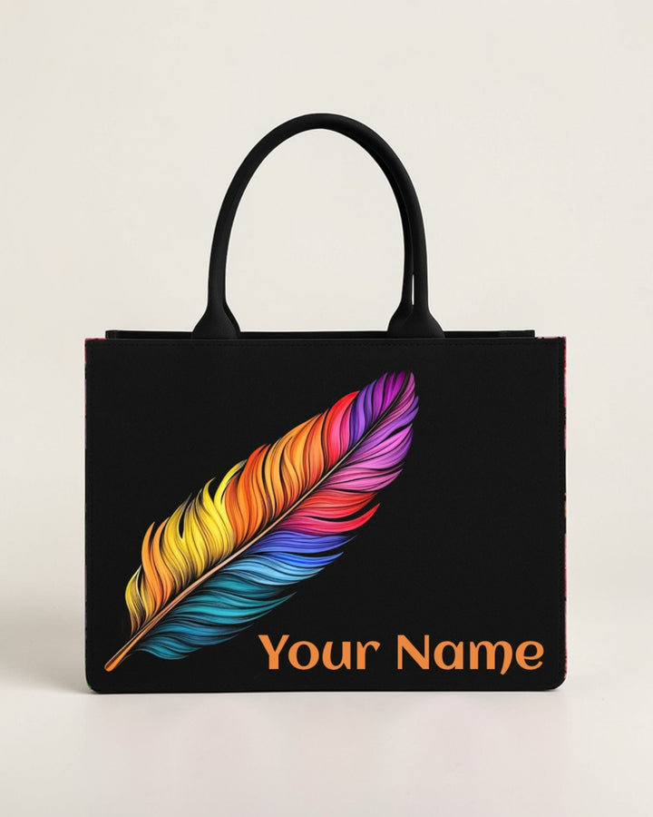 Customised Rainbow Feather Tote Bag with Name | Personalized Canvas Tote Bag for Women | Artistic Handbag – Nixa Style