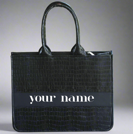Customised Black Croco Synthetic Leather Tote Bag
