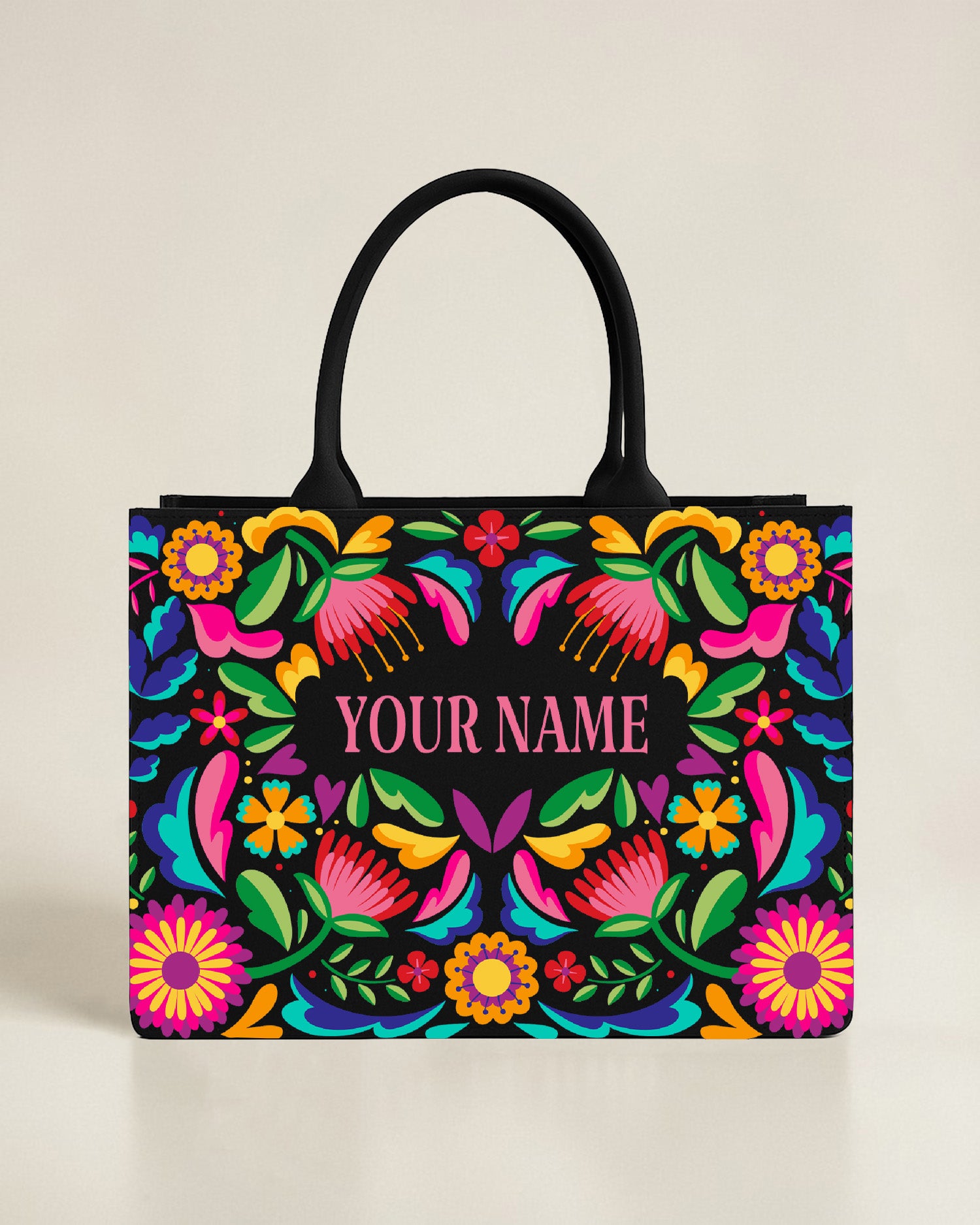 Black personalized tote bag with an ornate gold and teal sun and moon frame, featuring a custom name centered in elegant gold typography.