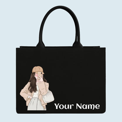 customised stylish girl selfie tote bag with name