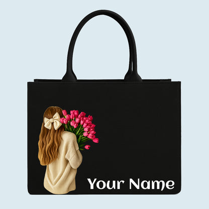 customised girl with tulip flowers tote bag with name