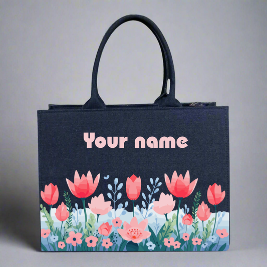 Customized Denim Everyday Tote Bag With colorful Flower