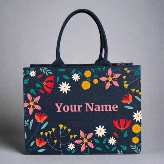 Customized Denim Everyday Tote Bag With colorful Garden