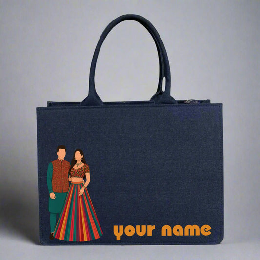 Customized Denim Wedding Couple Tote Bag