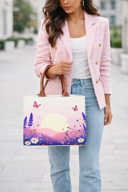 Customised Sunrise Meadow Canvas Tote Bag for Women | Personalised Name Tote | Stylish Floral Handbag India