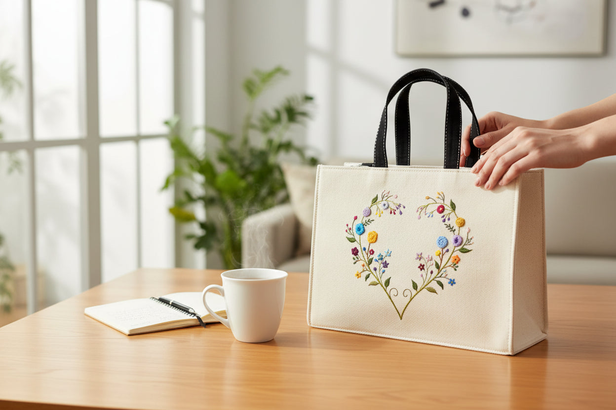 Customised Embroidered Tote Bag – Heart Floral Edition