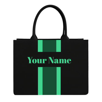 Personalized Tote Bag with Name – Custom Black Canvas Handbag with Stripes