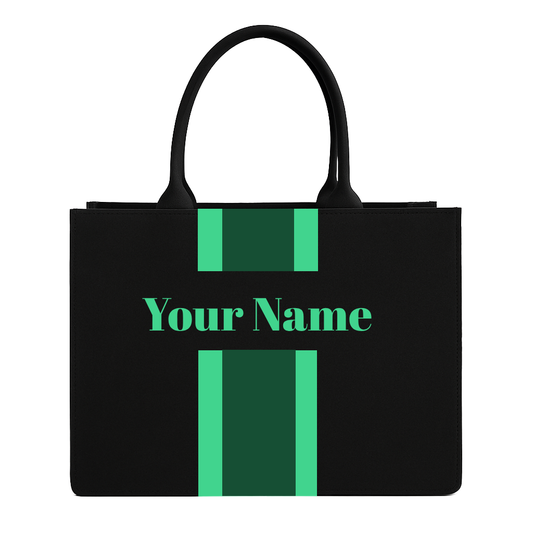 Personalized Tote Bag with Name – Custom Black Canvas Handbag with Stripes