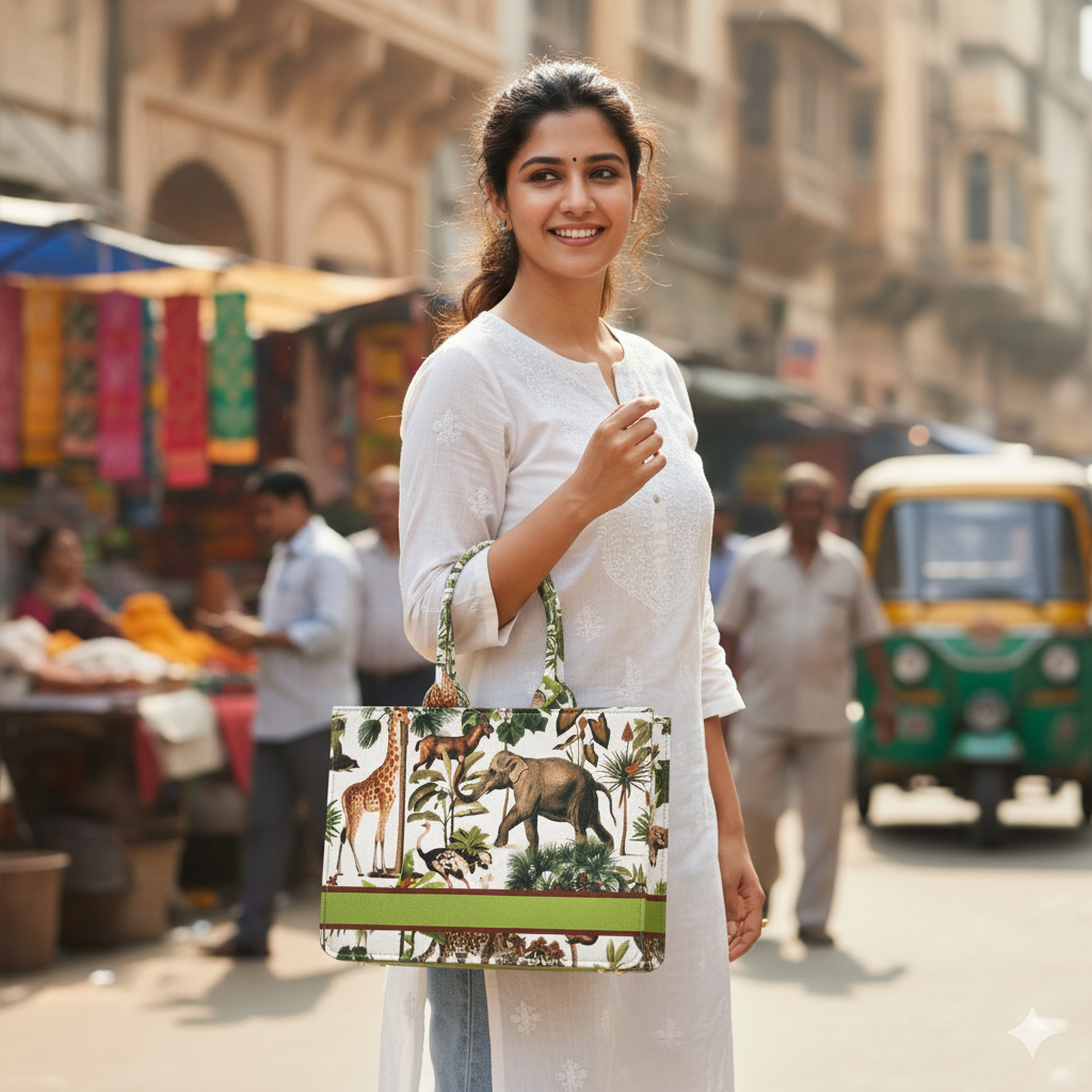 Woman carrying a large exotic animal print canvas tote bag, perfect for summer travel or beach trips.