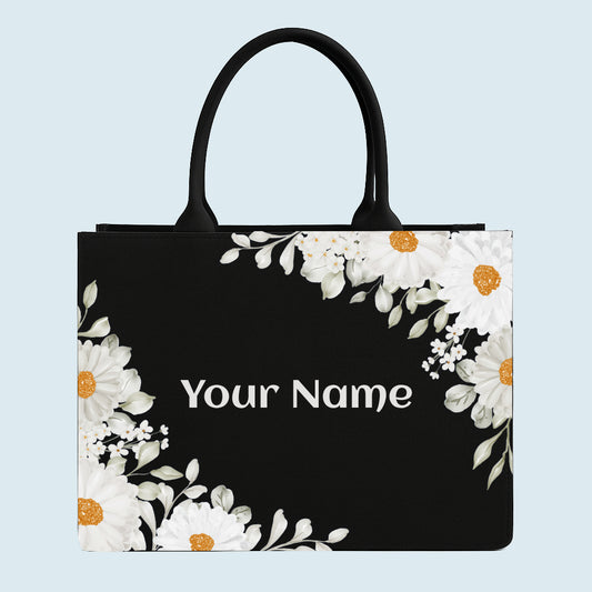 custom name canvas tote bag white flower design