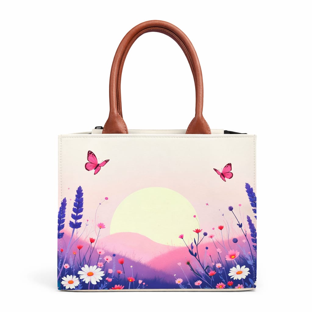 Customised floral sunrise canvas tote bag with butterflies and pastel meadow design for women