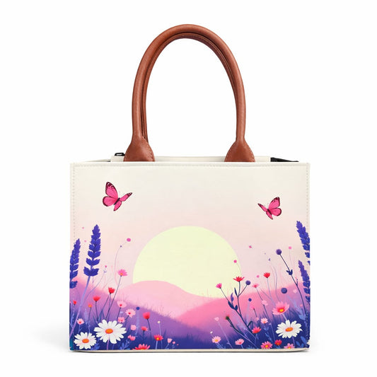 Customised floral sunrise canvas tote bag with butterflies and pastel meadow design for women