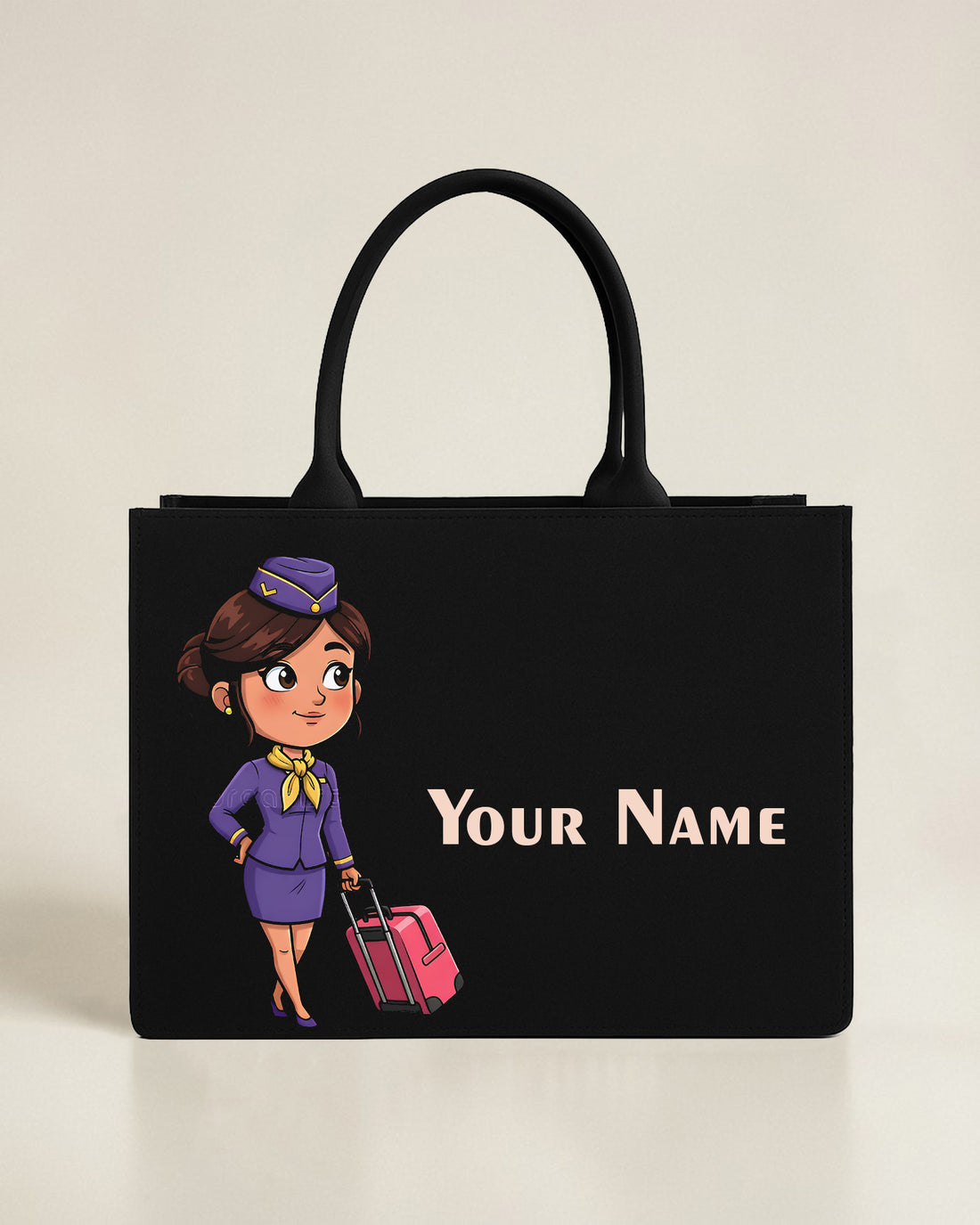 Personalized black tote bag with air hostess illustration and custom name