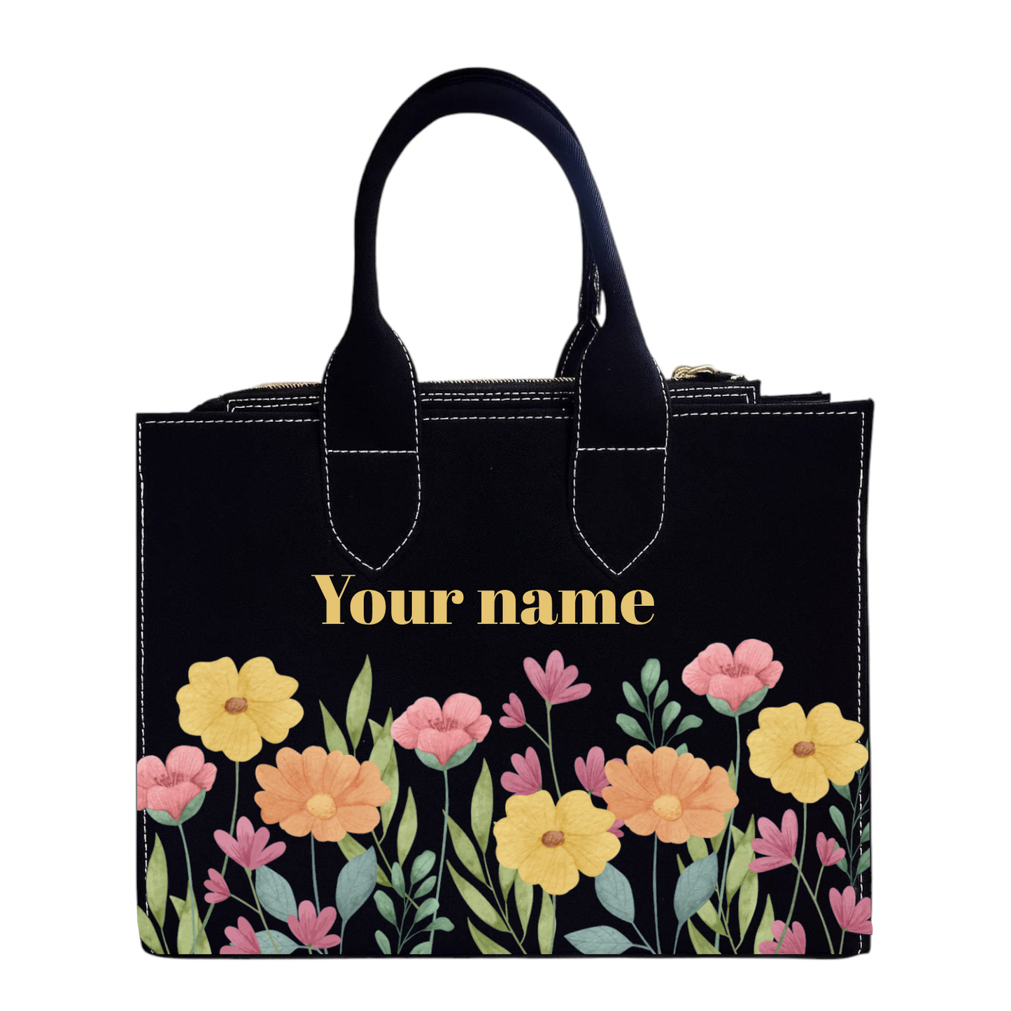 Personalized black canvas tote bag with name striped handbag for women by Nixa Style