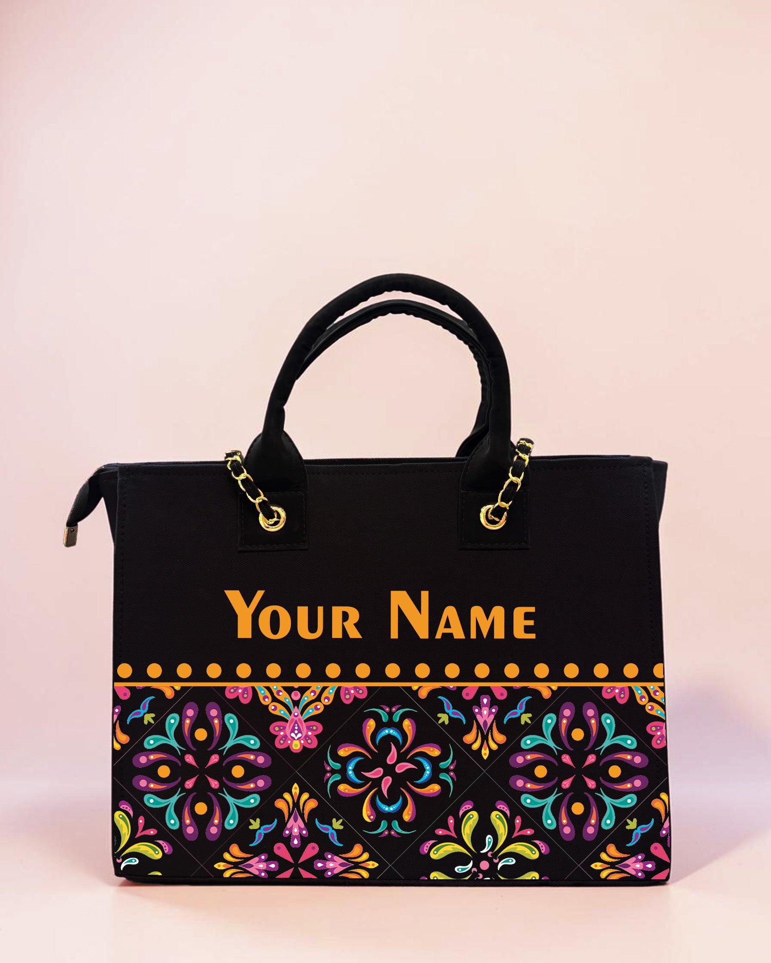 Personalized black floral tote bag with custom name printing for women