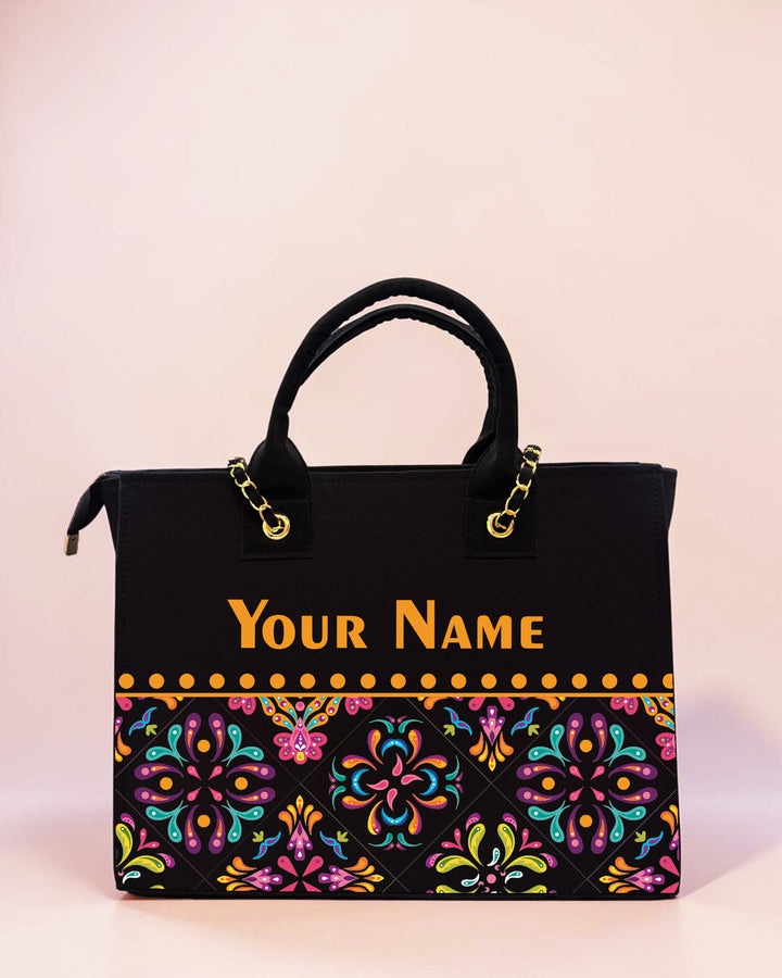 Personalized black floral tote bag with custom name printing for women