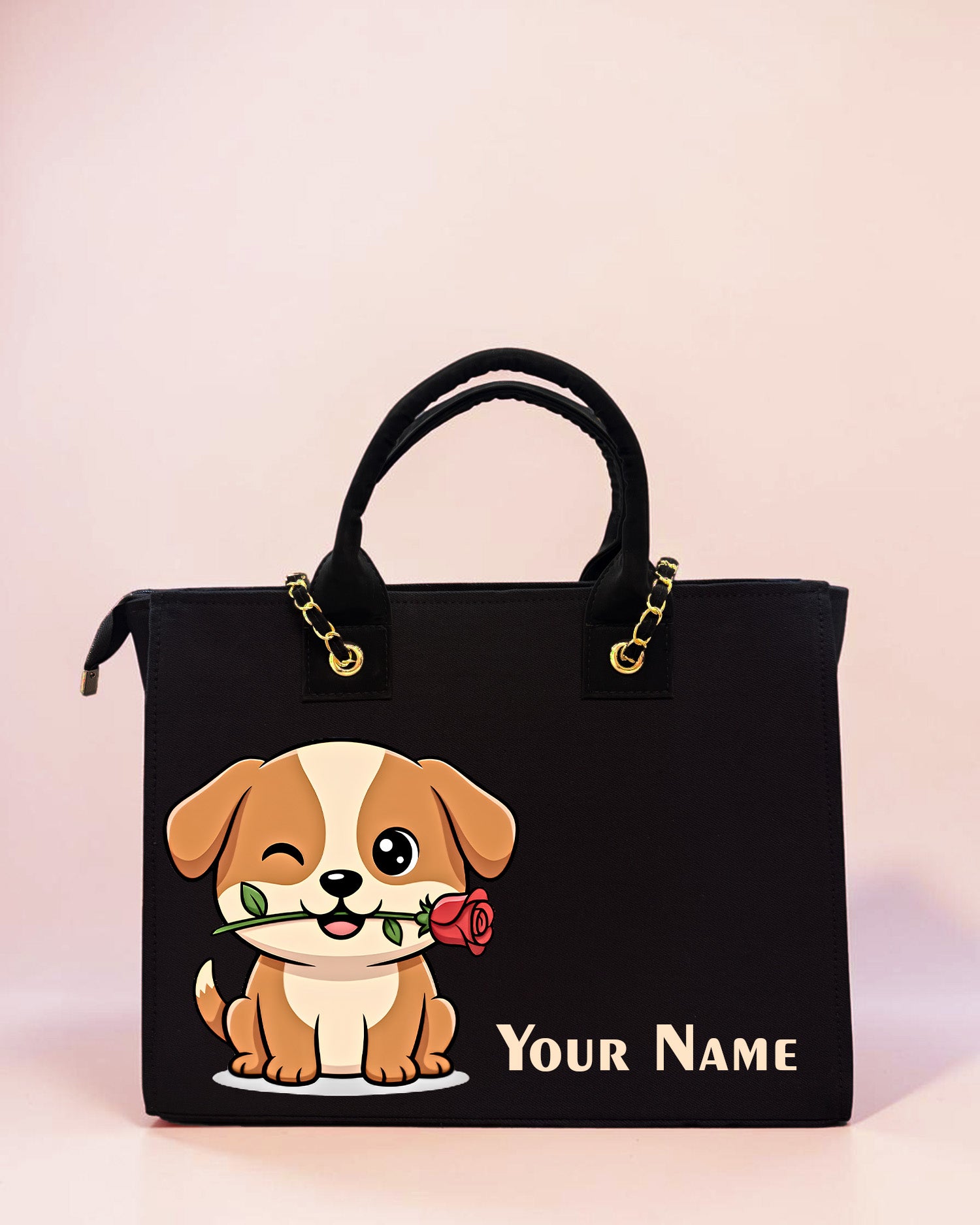 Personalized black tote bag featuring cute puppy illustration with rose artwork and custom name print on a pastel background.
