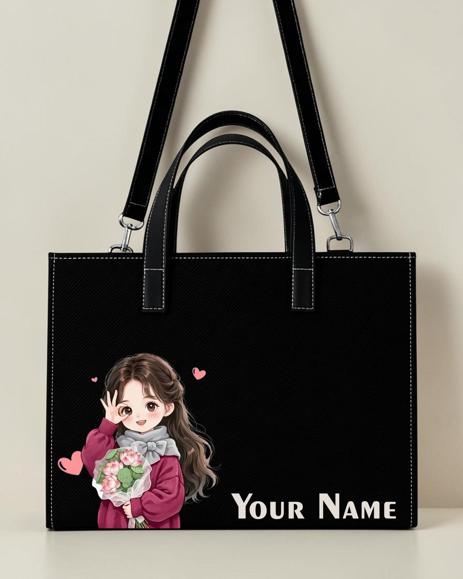 Personalized black cute girl sling tote bag with custom name and kawaii artwork