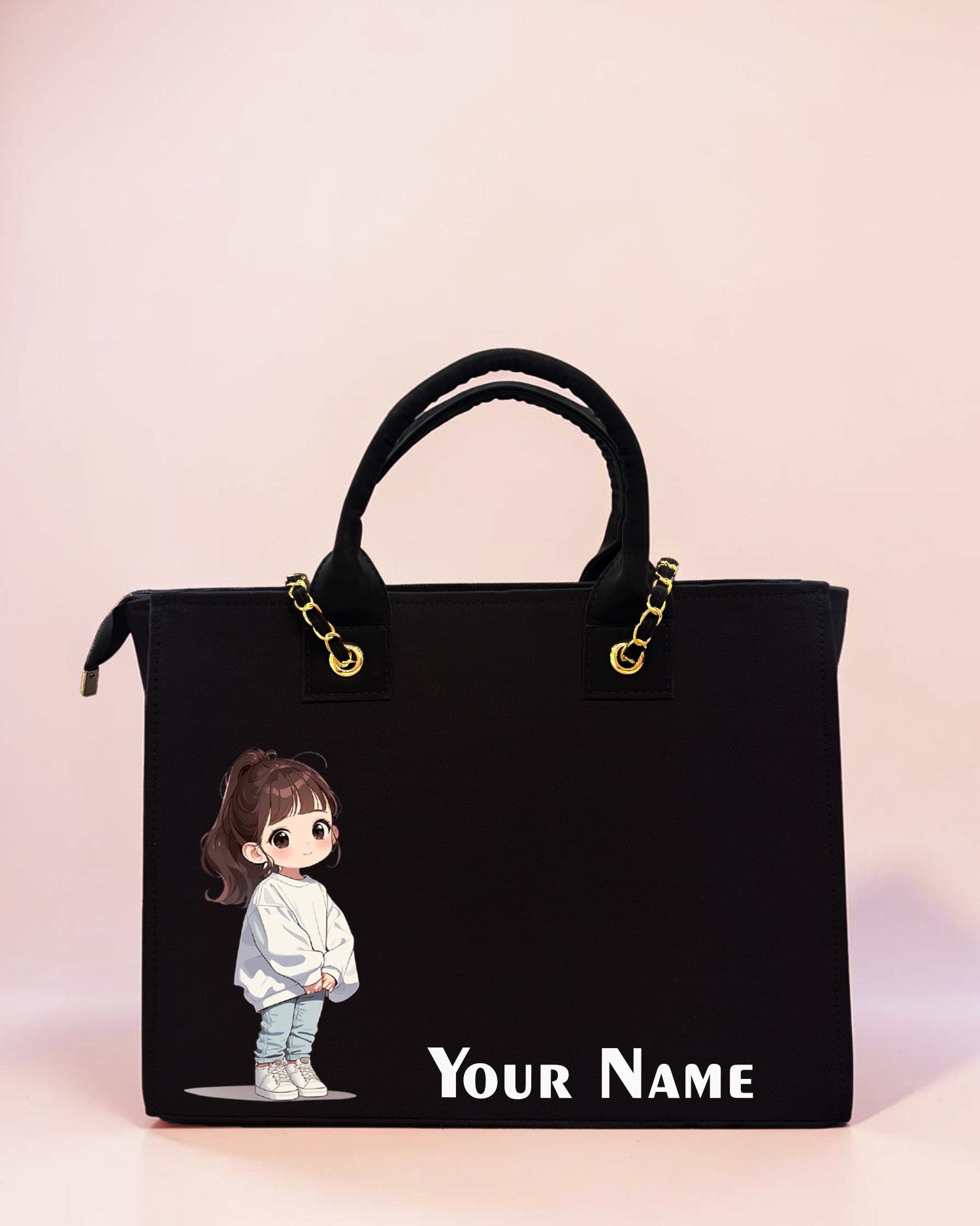 Personalized black tote bag featuring cute cartoon girl illustration and custom name print on a pastel background.