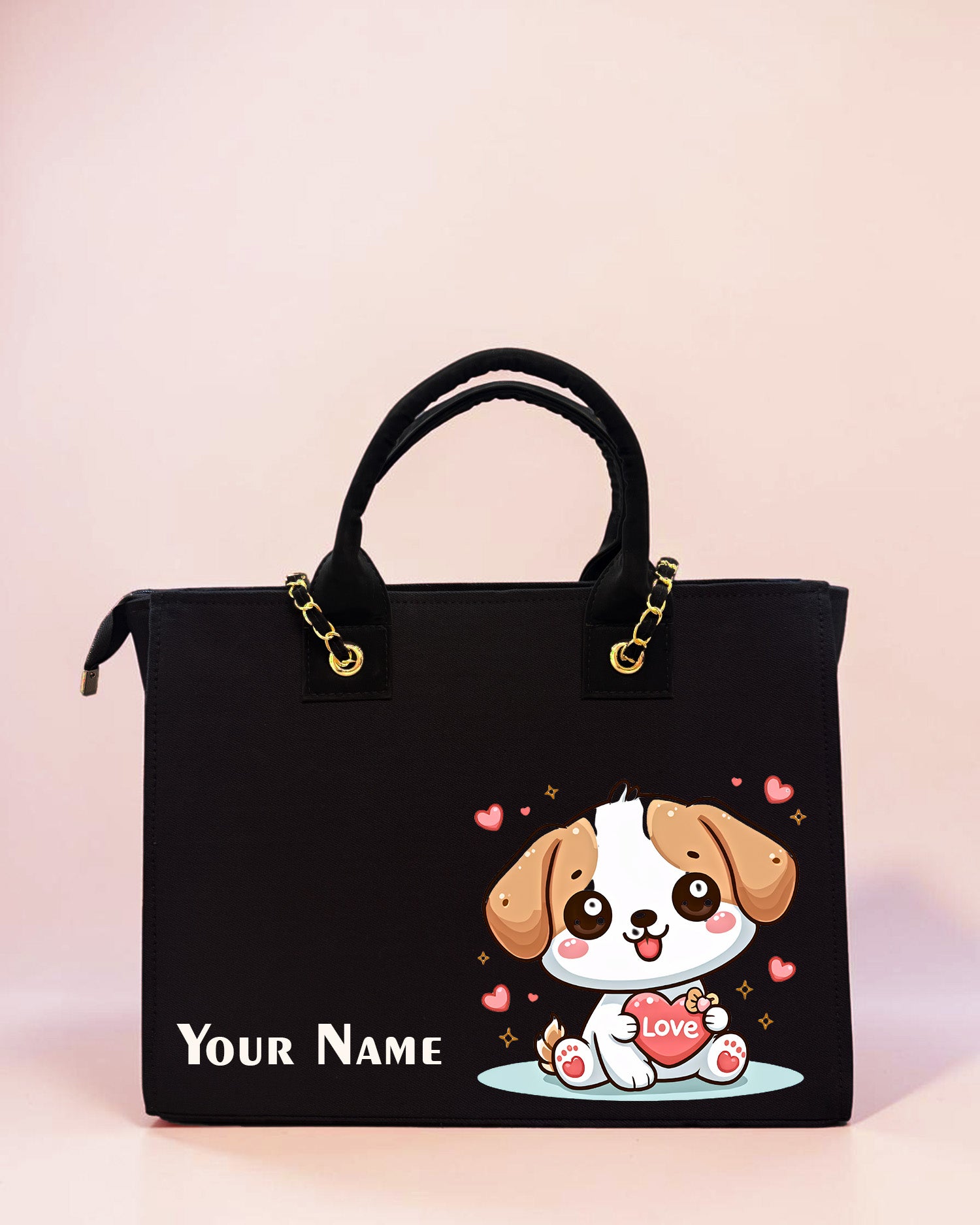 Personalized black tote bag featuring cute puppy illustration with heart artwork and custom name print on a pastel background.
