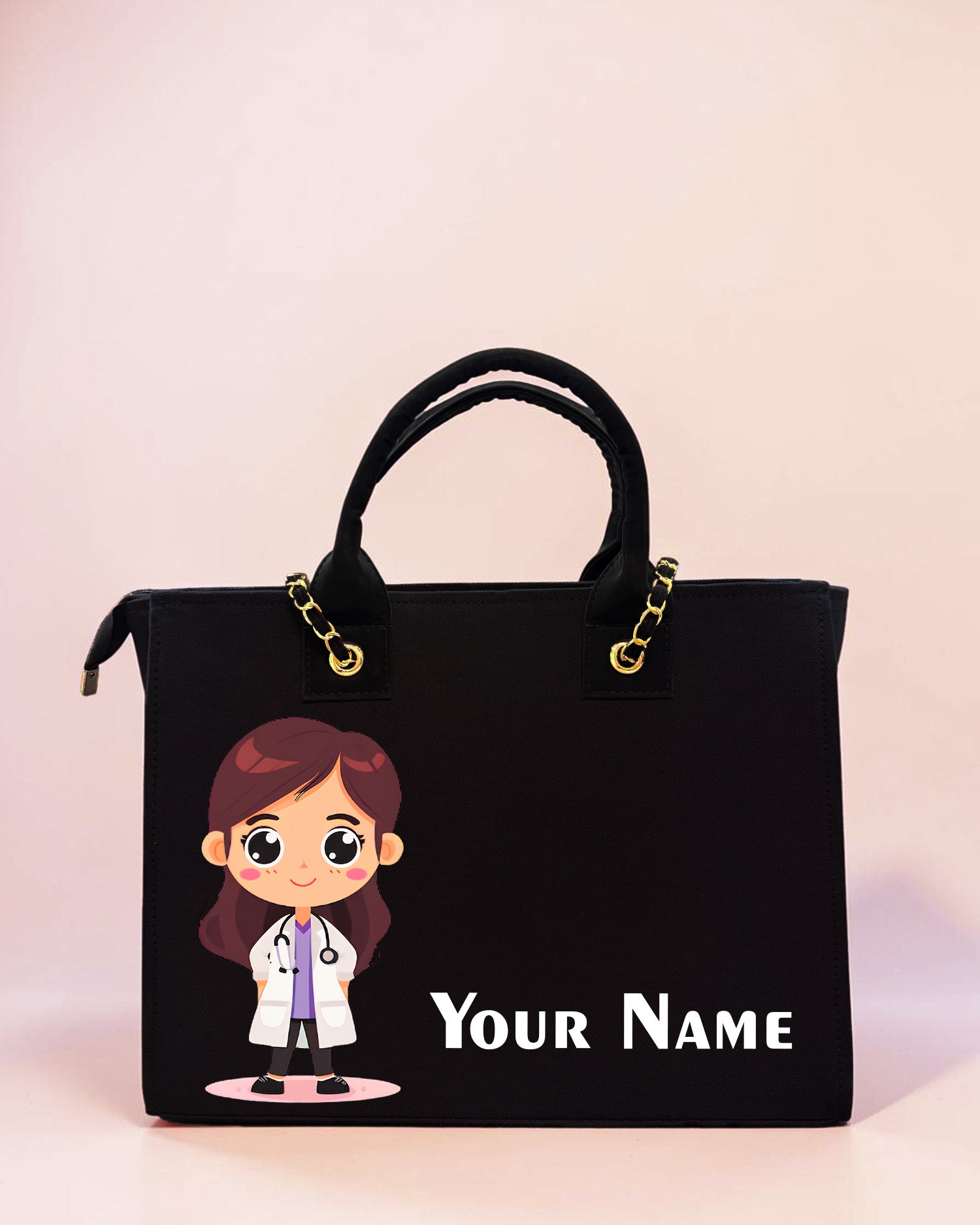 Black personalized doctor chain tote bag with custom name and cute female doctor illustration