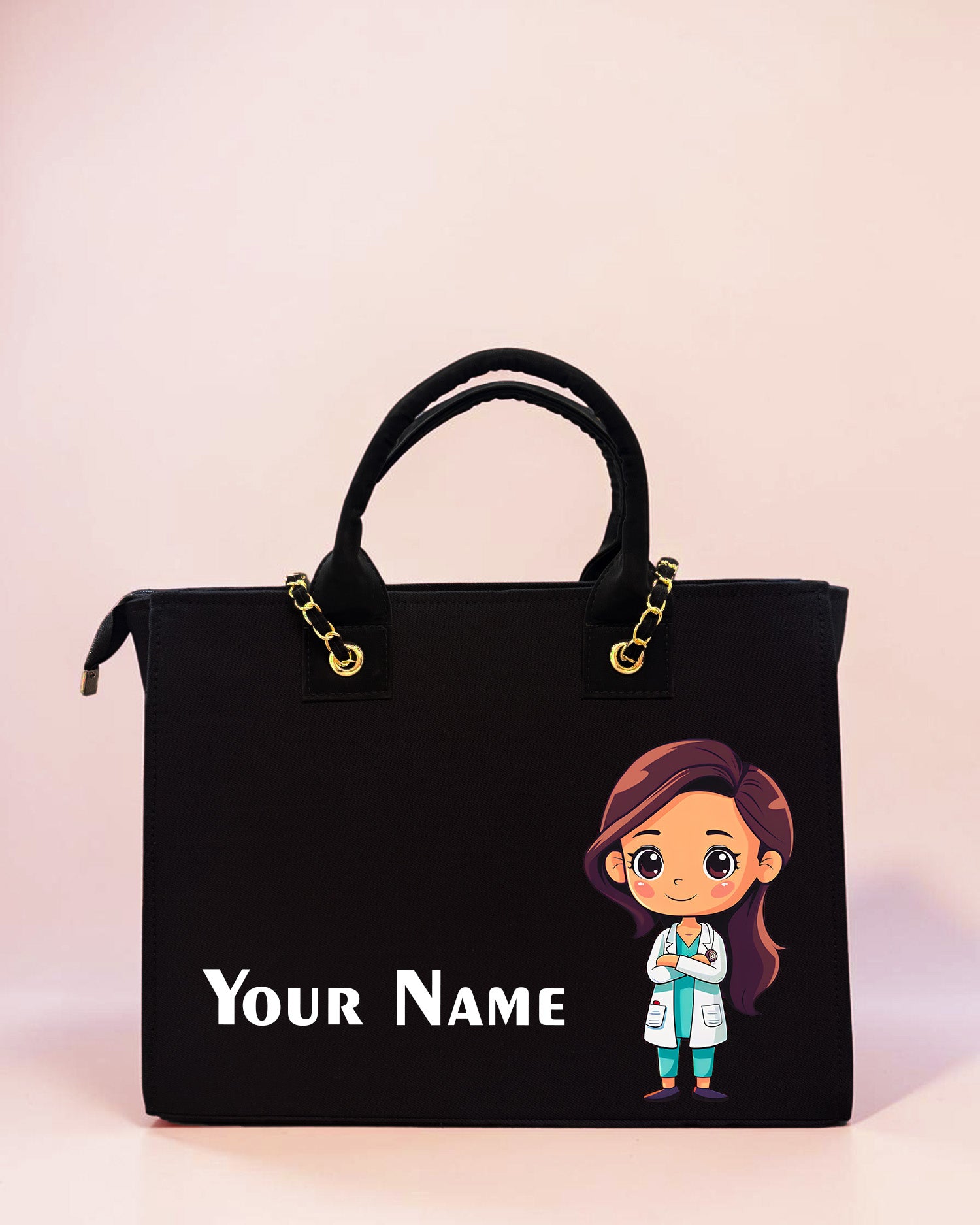 Black personalized doctor chain tote bag with custom name and cute doctor illustration
