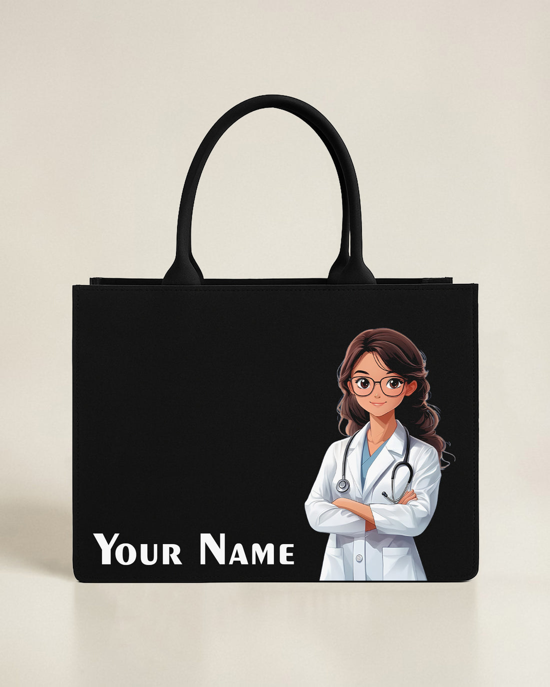 Black personalized doctor tote bag with custom name and female doctor illustration