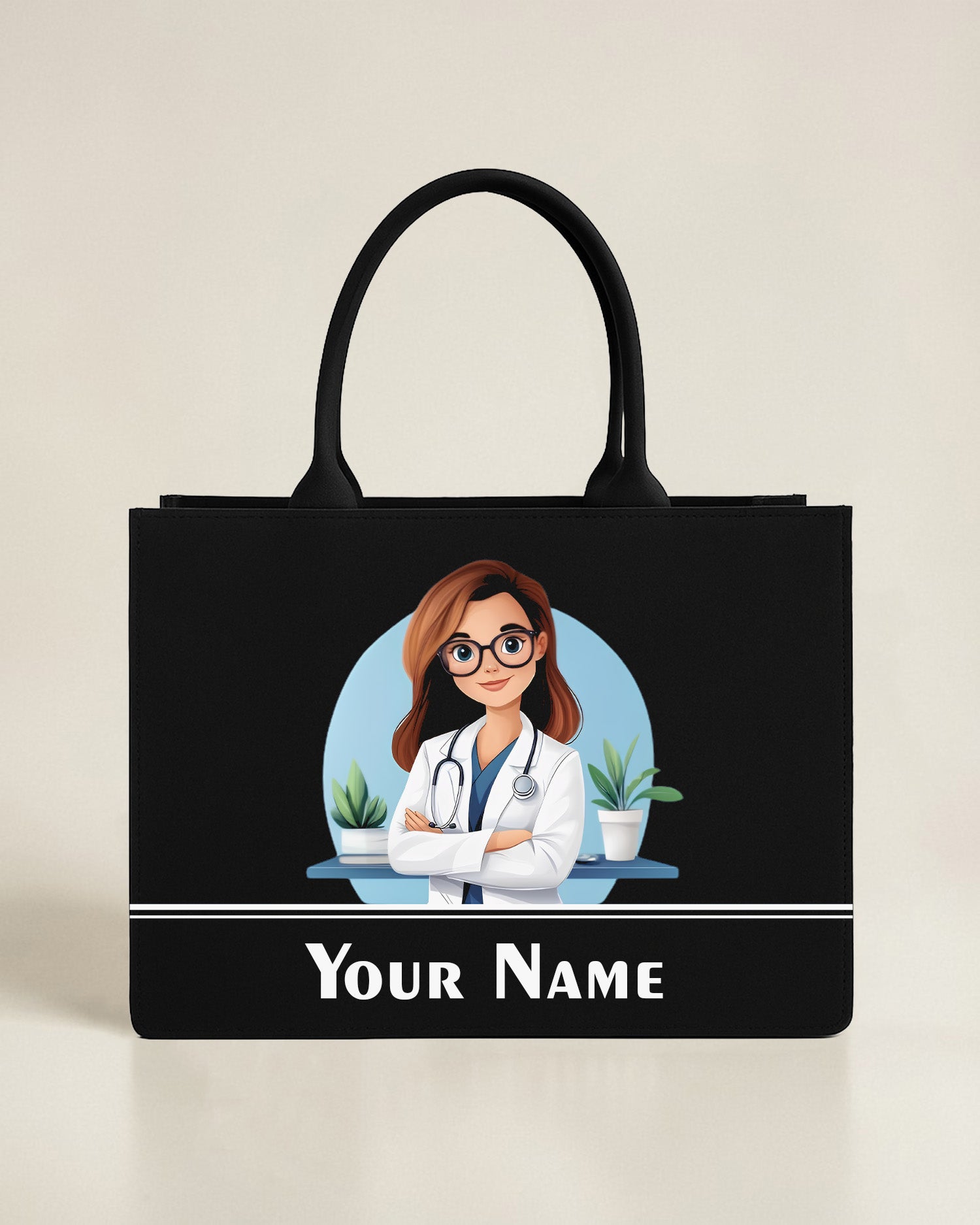 Personalized black doctor tote bag with female doctor illustration and custom name