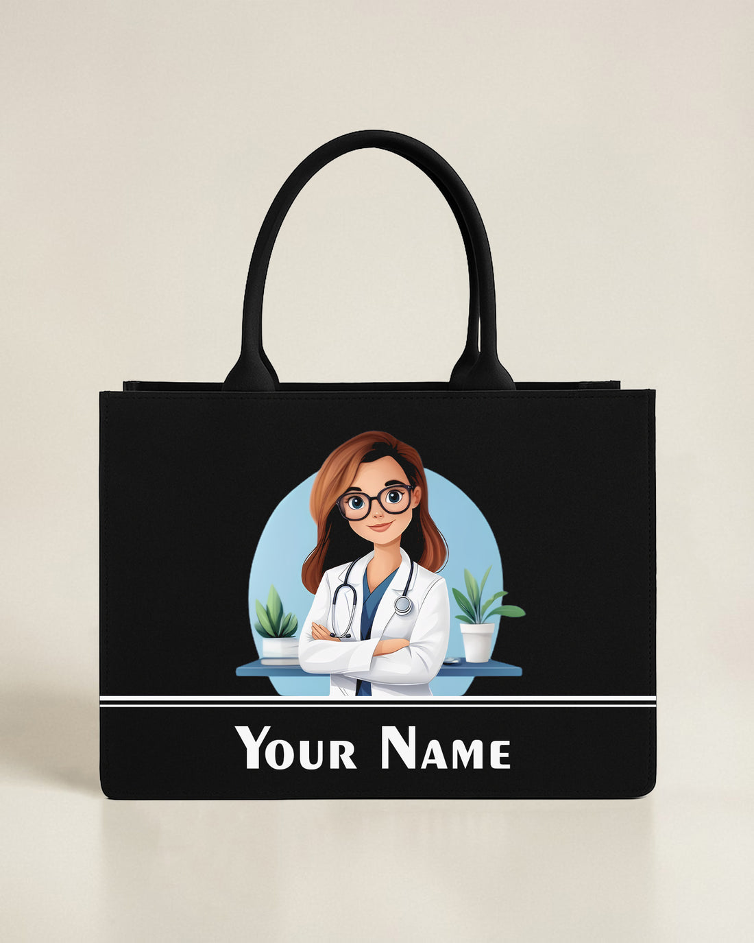 Personalized black doctor tote bag with female doctor illustration and custom name