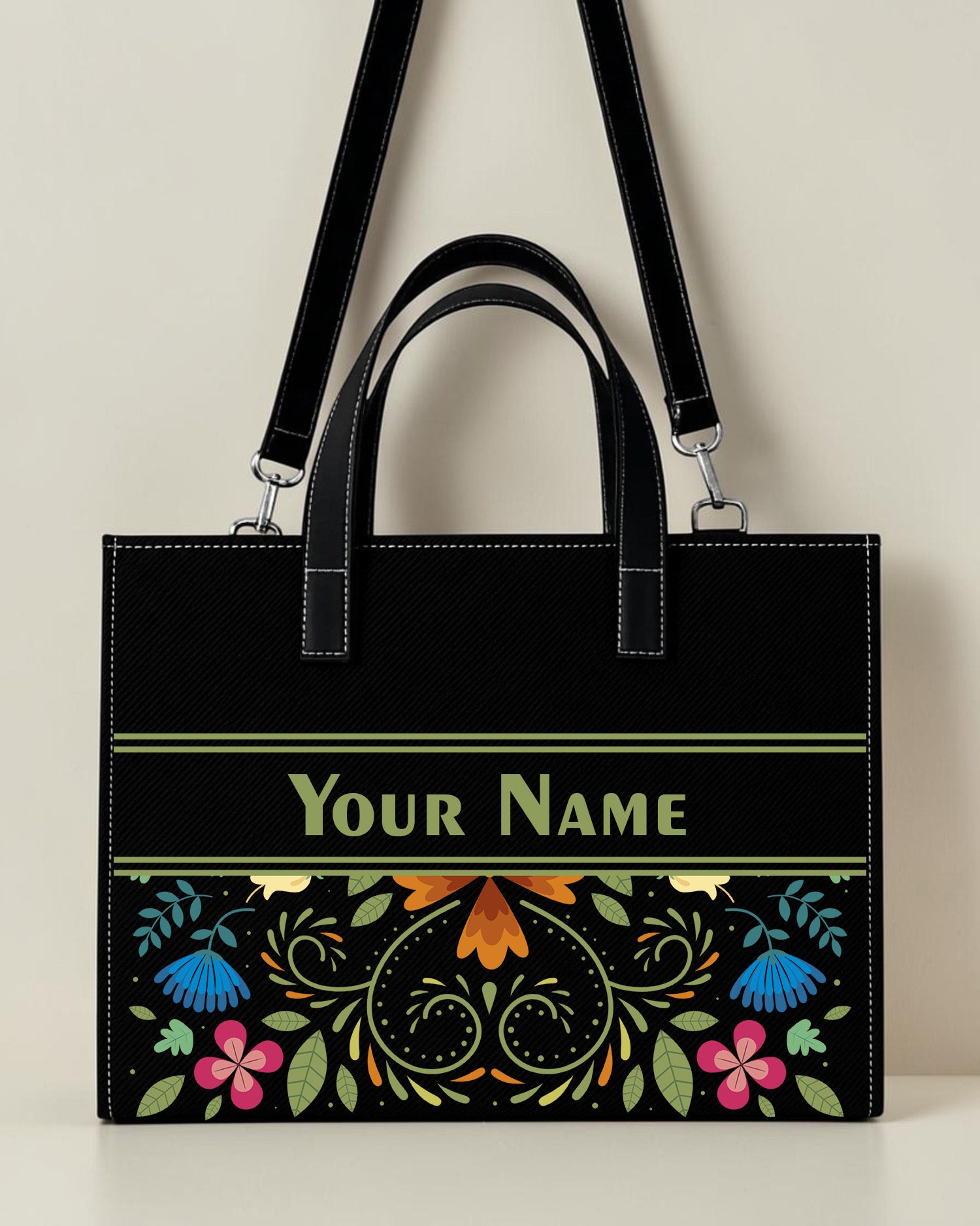 Personalized black folk art sling tote bag with floral print and custom name