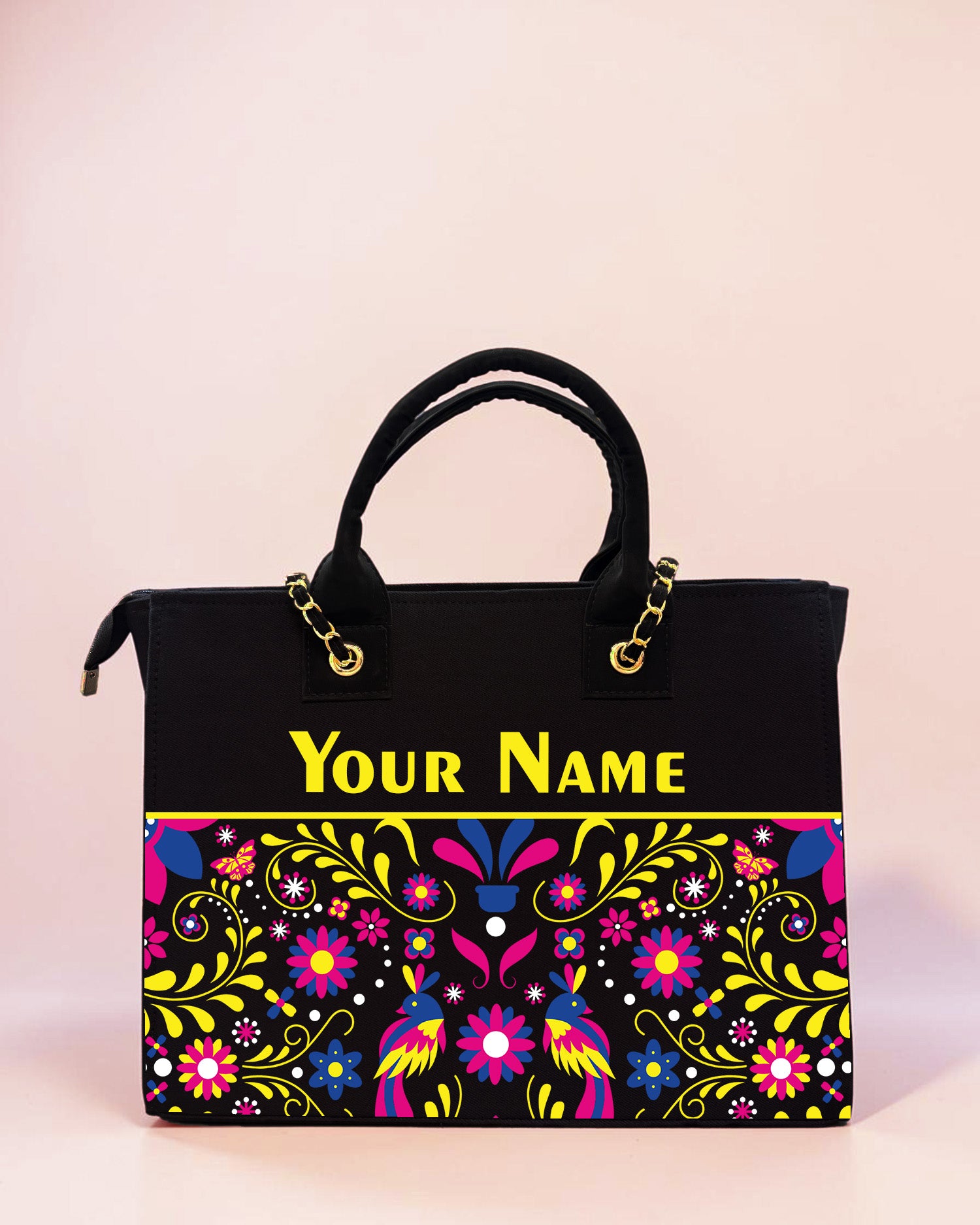 Personalized black folk art tote bag with colorful floral print and custom name