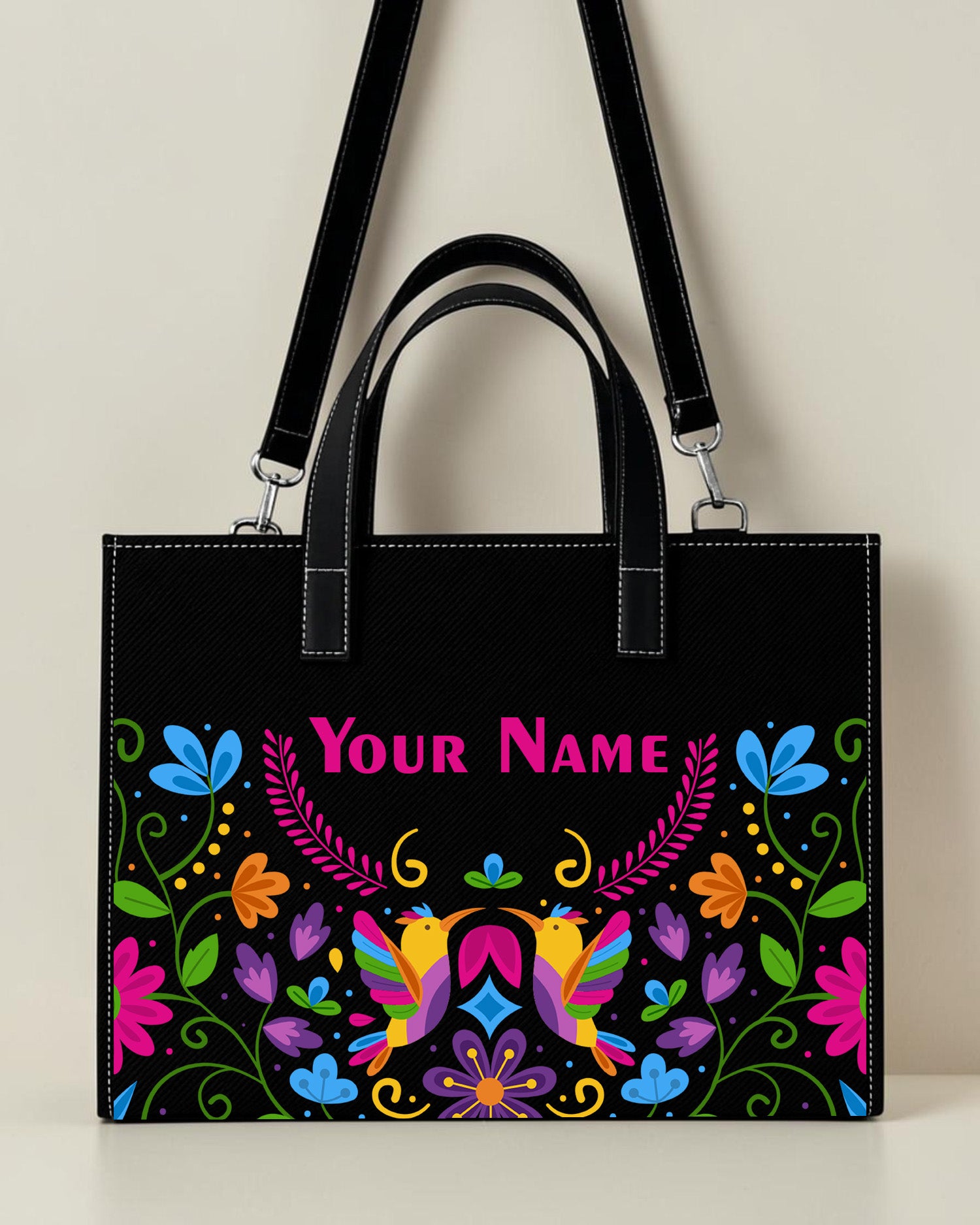 Personalized black folk bird sling tote bag with colorful floral print and custom name