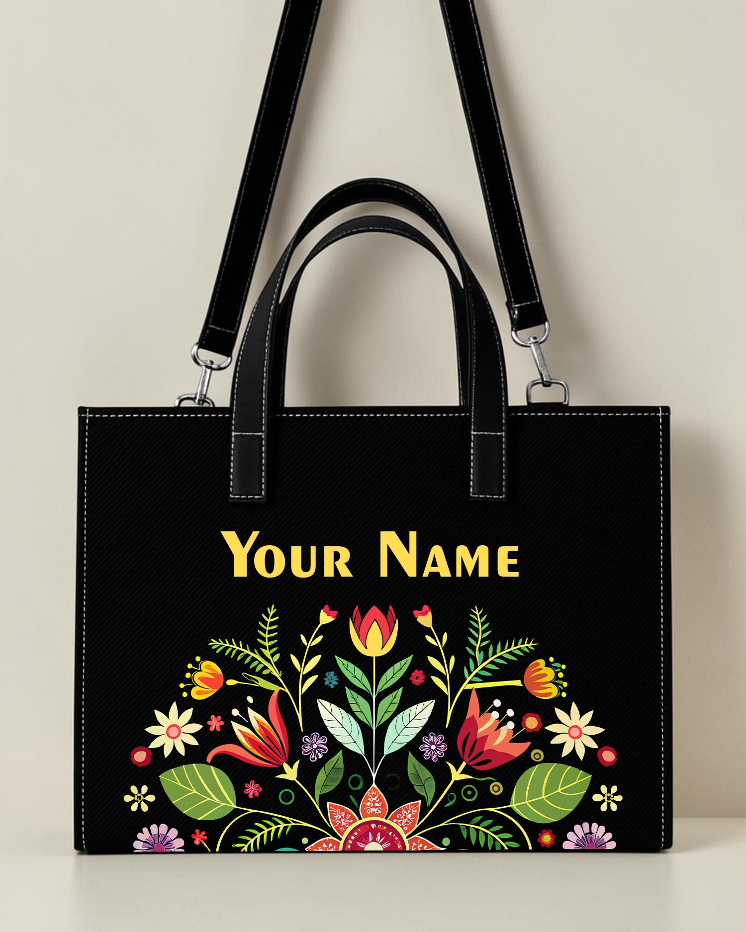 Personalized black folk floral sling tote bag with colorful floral print and custom name
