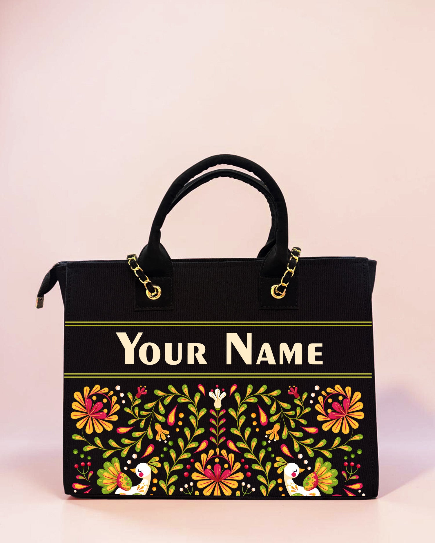 Personalized black folk floral tote bag with colorful ethnic print and custom name