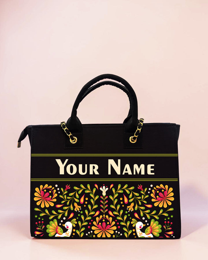 Personalized black folk floral tote bag with colorful ethnic print and custom name