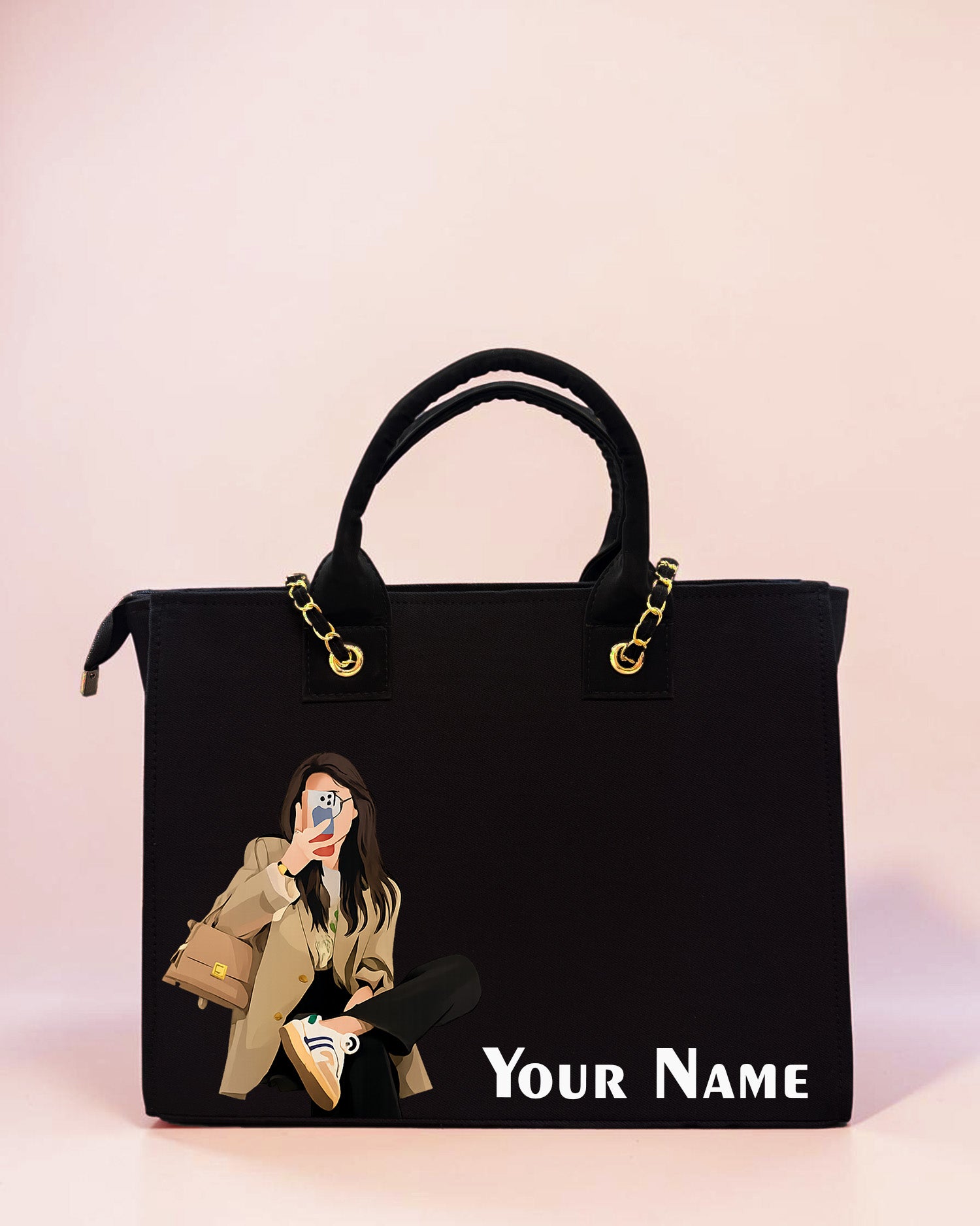 Personalized black tote bag featuring aesthetic girl illustration artwork and custom name print on a soft pastel background.