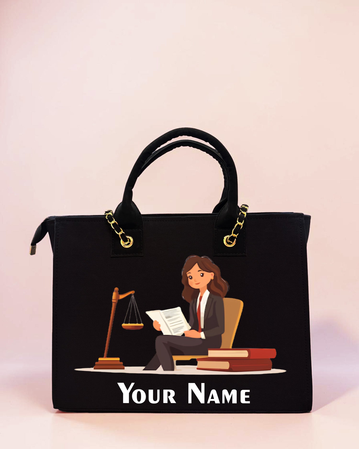 Black personalized lawyer chain tote bag with custom name and female advocate illustration