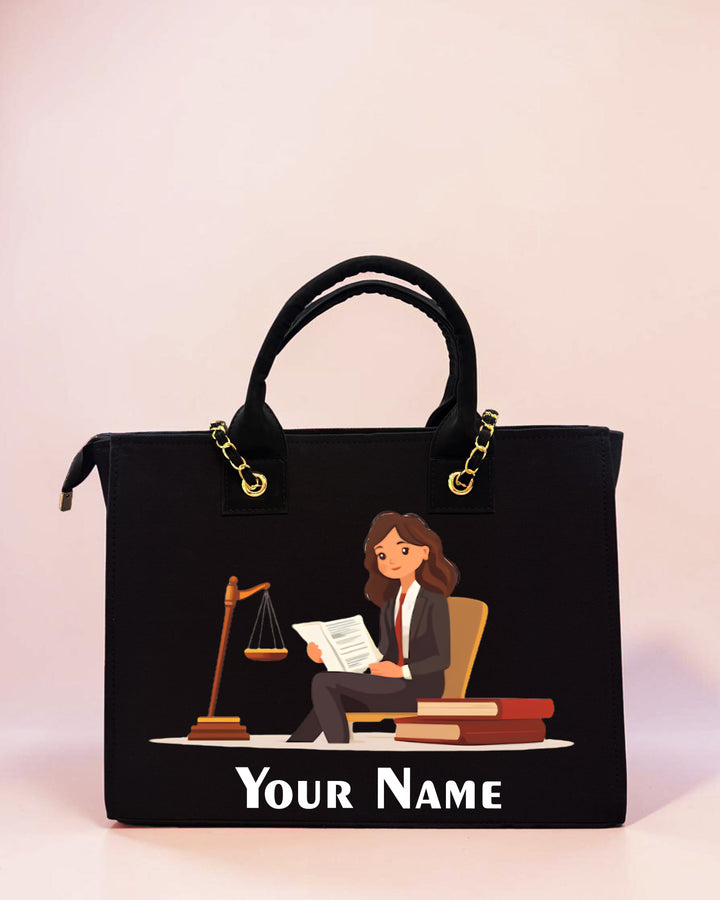 Black personalized lawyer chain tote bag with custom name and female advocate illustration