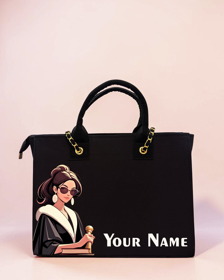 Personalized black tote bag featuring elegant lawyer woman illustration and custom name print on a pastel background.