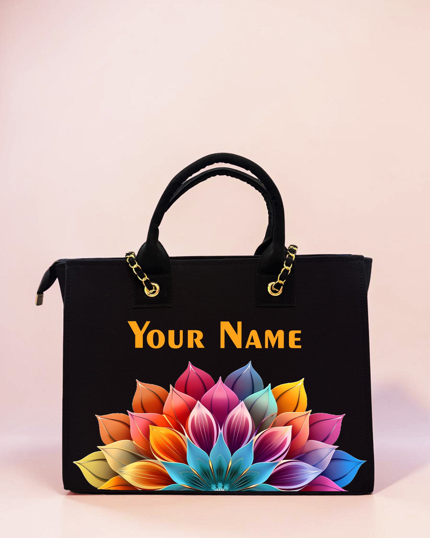 Personalized black tote bag with colorful lotus floral design and custom name