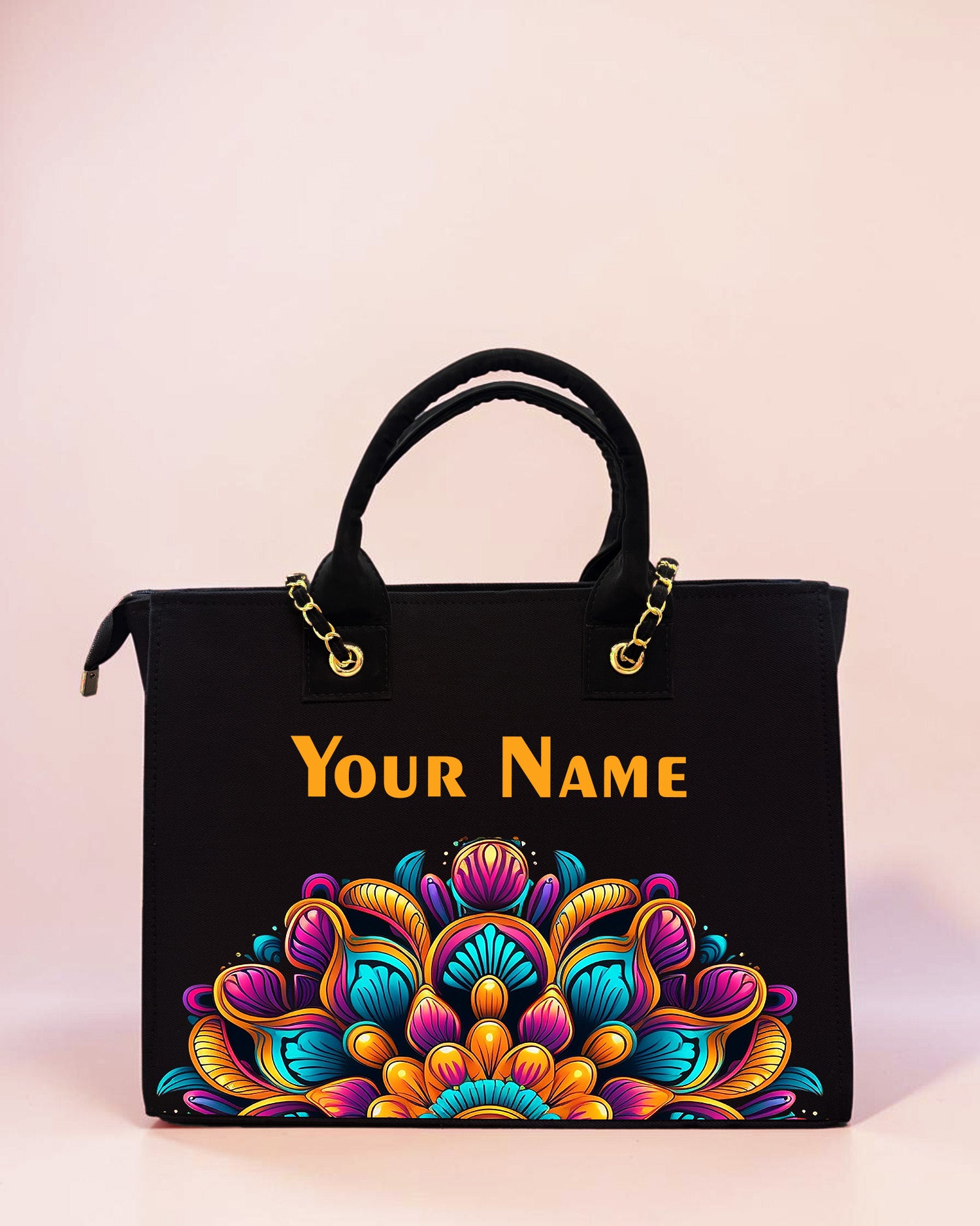 Personalized black tote bag with colorful mandala floral design and custom name