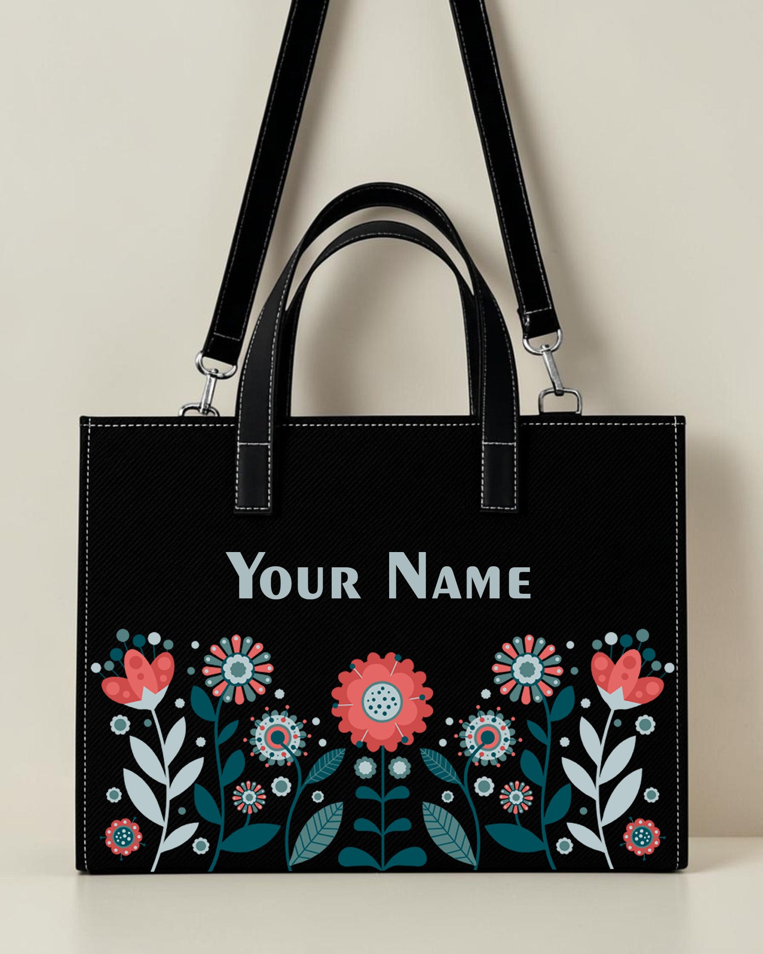 Personalized black minimal floral sling tote bag with custom name for women