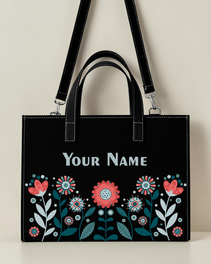 Personalized black minimal floral sling tote bag with custom name for women
