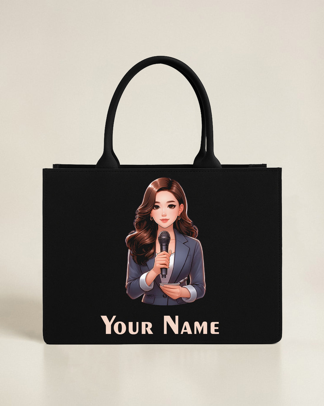 Personalized black tote bag with female news reporter illustration and custom name
