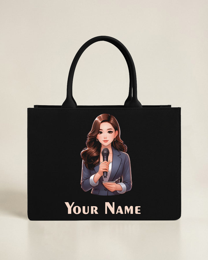 Personalized black tote bag with female news reporter illustration and custom name